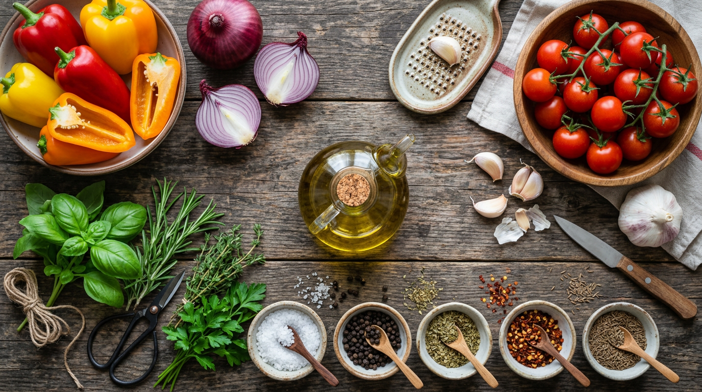 Fresh cooking ingredients with golden oil